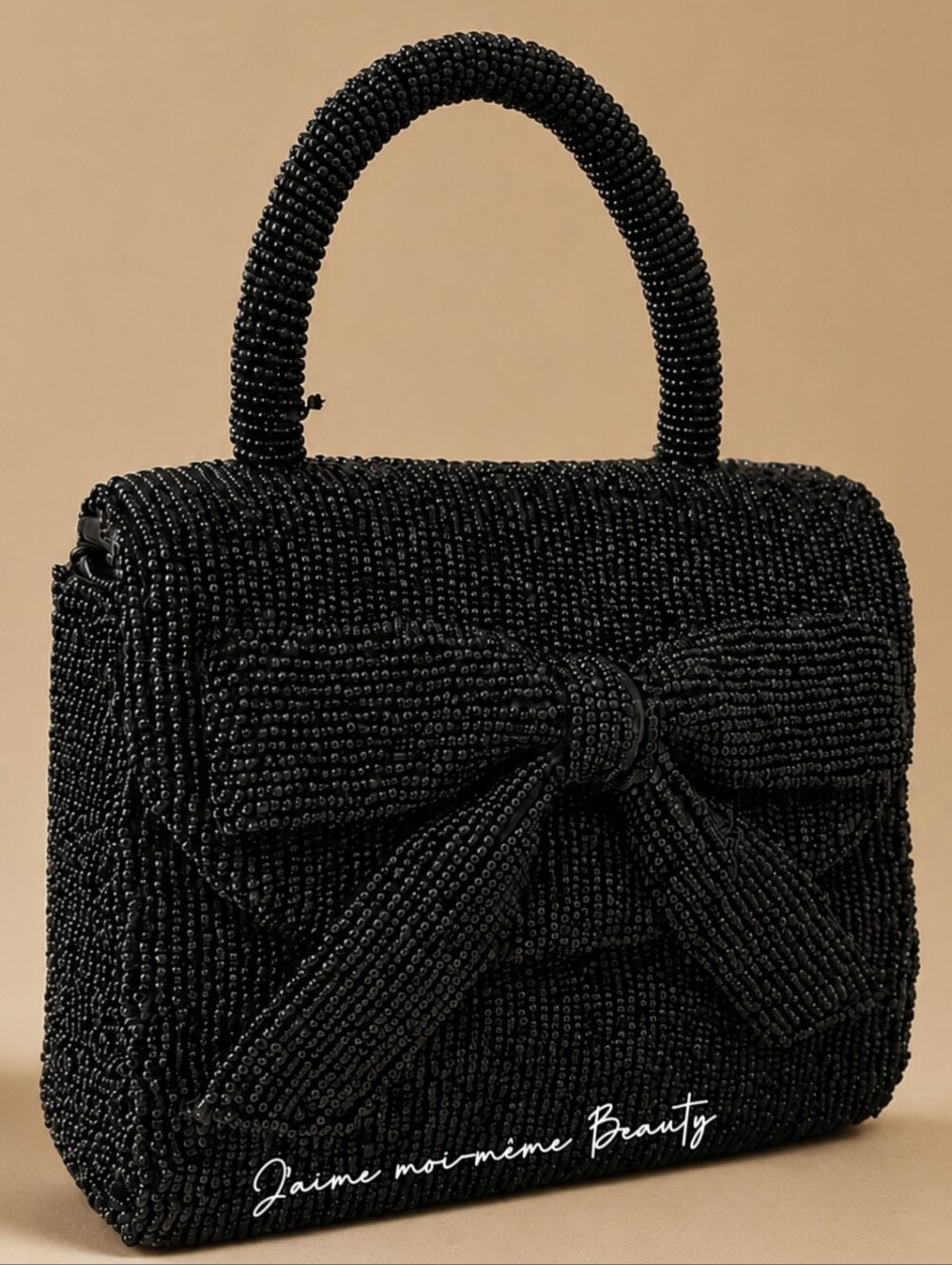 Coquette Girl Style Black Beaded Bow Top-Handle Bag With Crossbody Strap